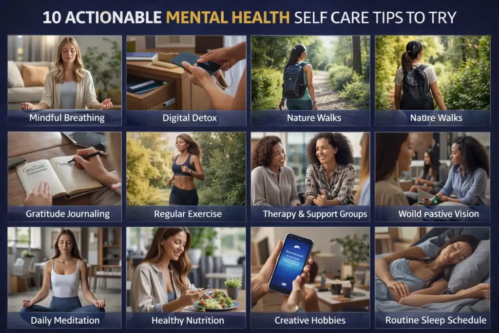 Realistic collage titled “10 Actionable Mental Health Self Care Tips to Try in 2026,” showing people practicing self-care activities such as mindful breathing, digital detox, nature walks, gratitude journaling, regular exercise, therapy and support groups, daily meditation, healthy eating, creative hobbies, and maintaining a consistent sleep routine.