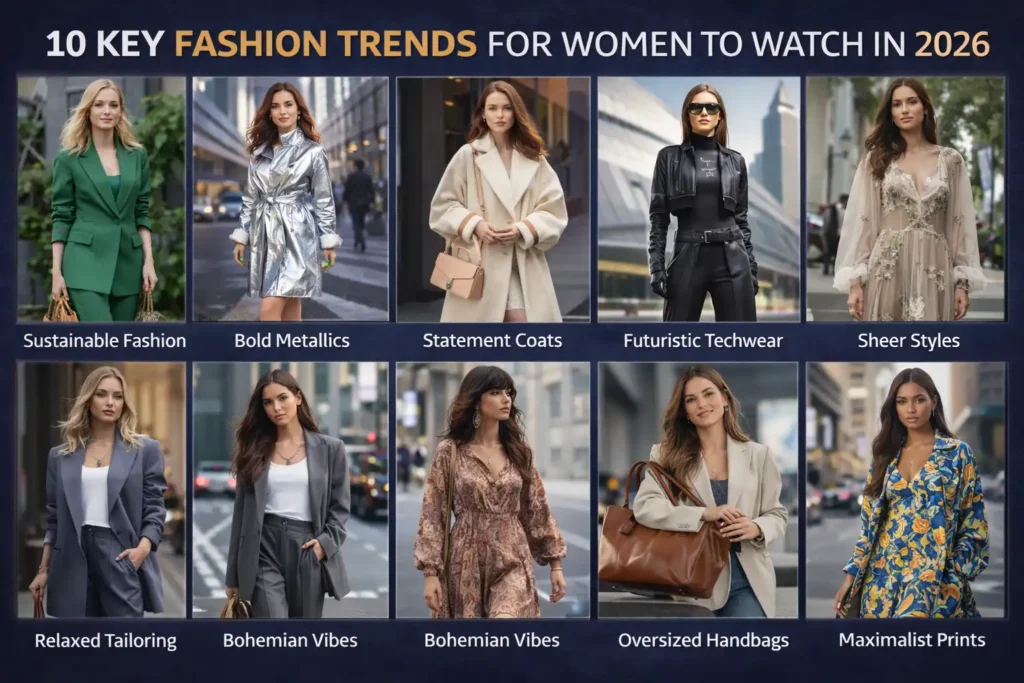 Realistic fashion collage titled “10 Key Fashion Trends for Women to Watch in 2026,” featuring multiple women modeling contemporary styles such as futuristic metallic outfits, bold colors, sheer fabrics, utility wear, statement maxi skirts, relaxed tailoring, eco-friendly materials, Y2K-inspired looks, and feathered or fringe designs in urban street settings.