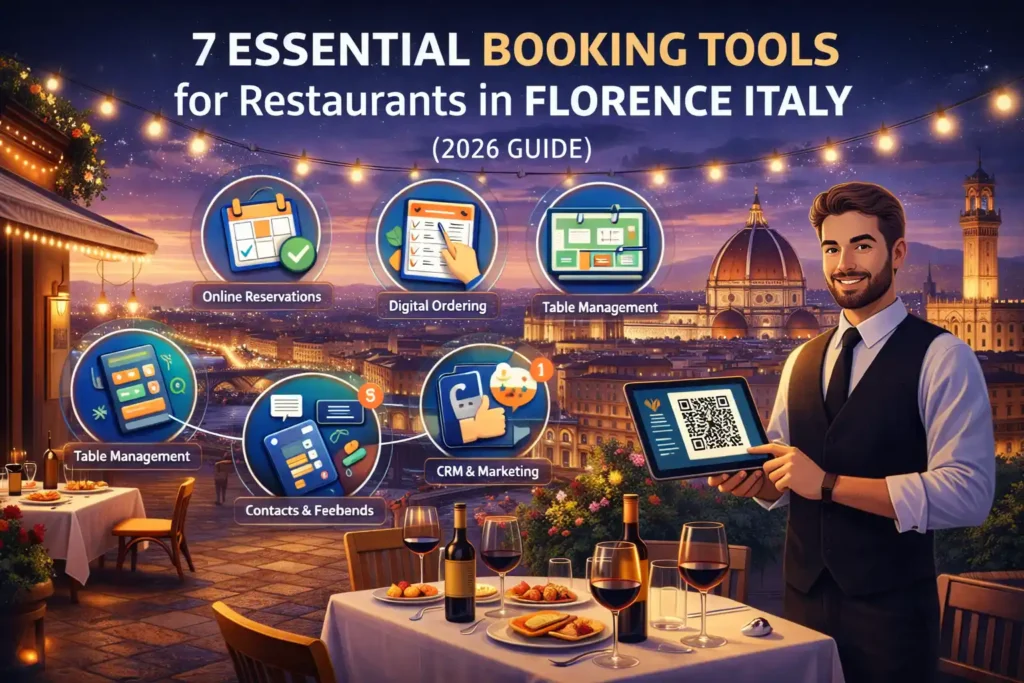 Illustrated cover image showing an outdoor restaurant in Florence at sunset with the Duomo in the background, a waiter holding a tablet with a QR code, and floating icons representing restaurant booking tools such as online reservations, digital ordering, table management, CRM, and customer feedback, titled “7 Essential Booking Tools for Restaurants in Florence, Italy (2026 Guide).”