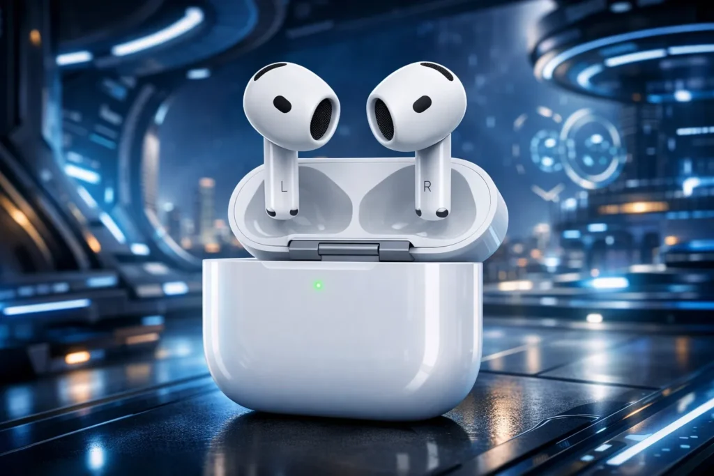 A pair of white wireless earbuds in open case over futuristic background