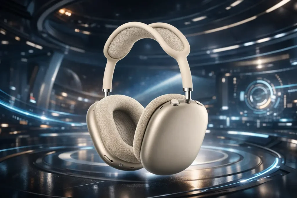A pair of creamy white wireless headphones over the futurictic background