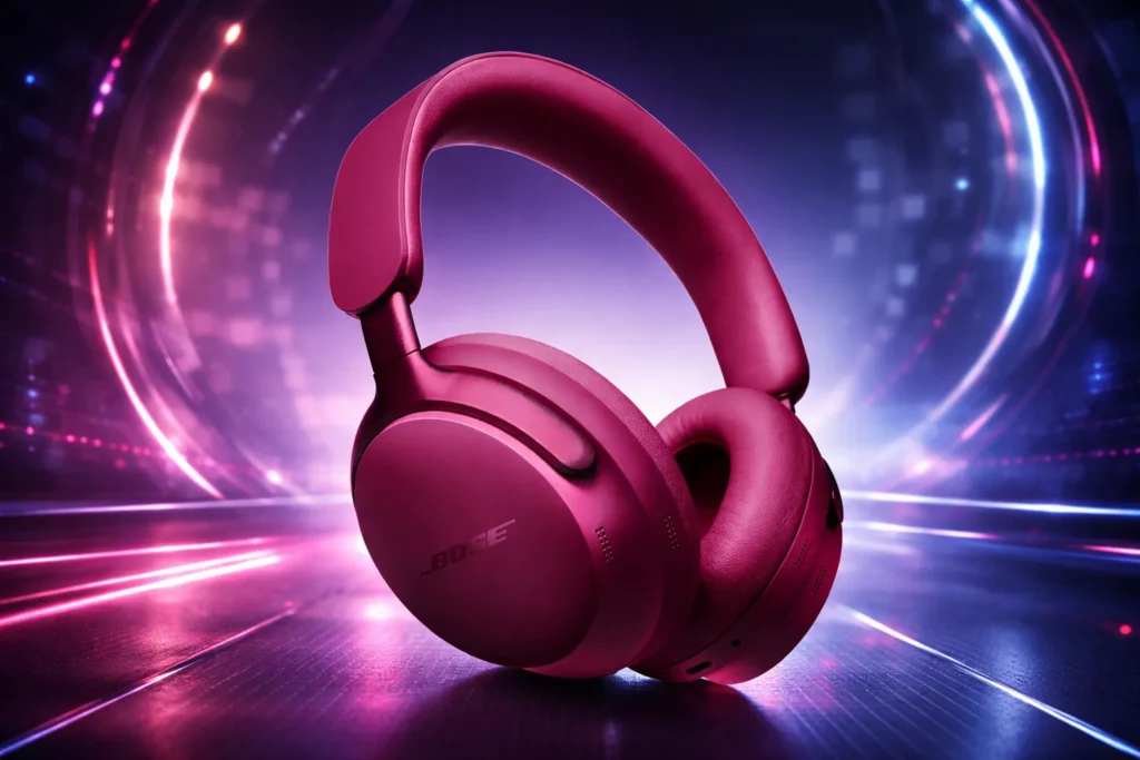 a pair of red wireless headphones over the futuristic background