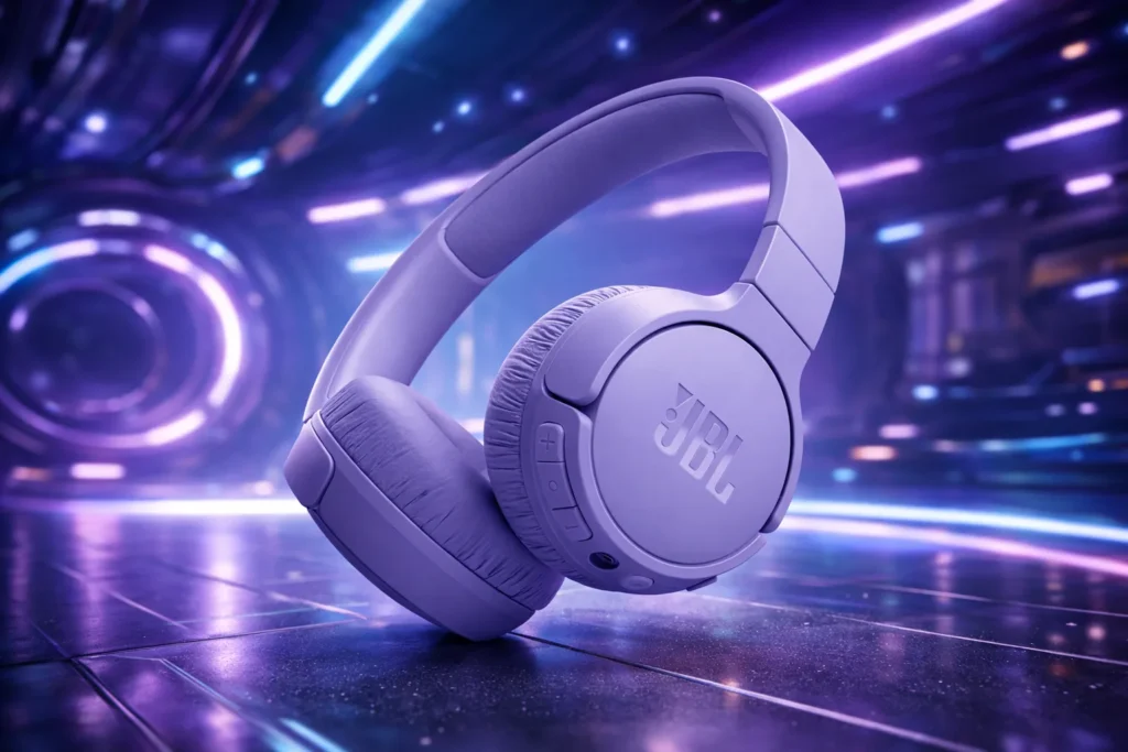 A pair of purple, plastic wireless headphones over the futuristic background