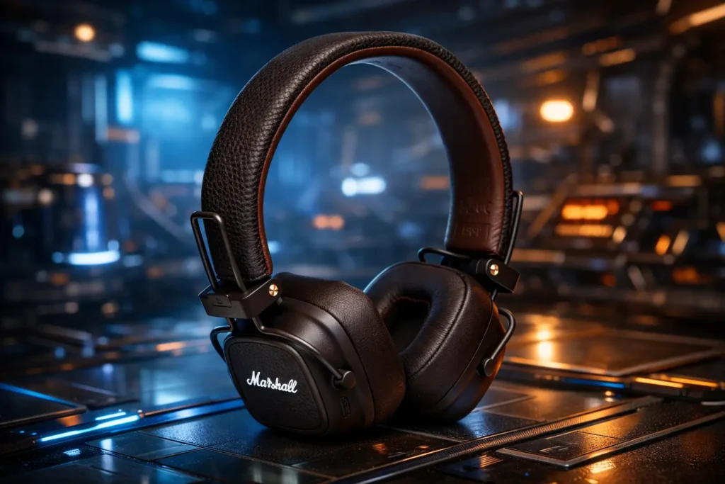 A pair of brown, leather retro looking wireless headphones over the futuristic background