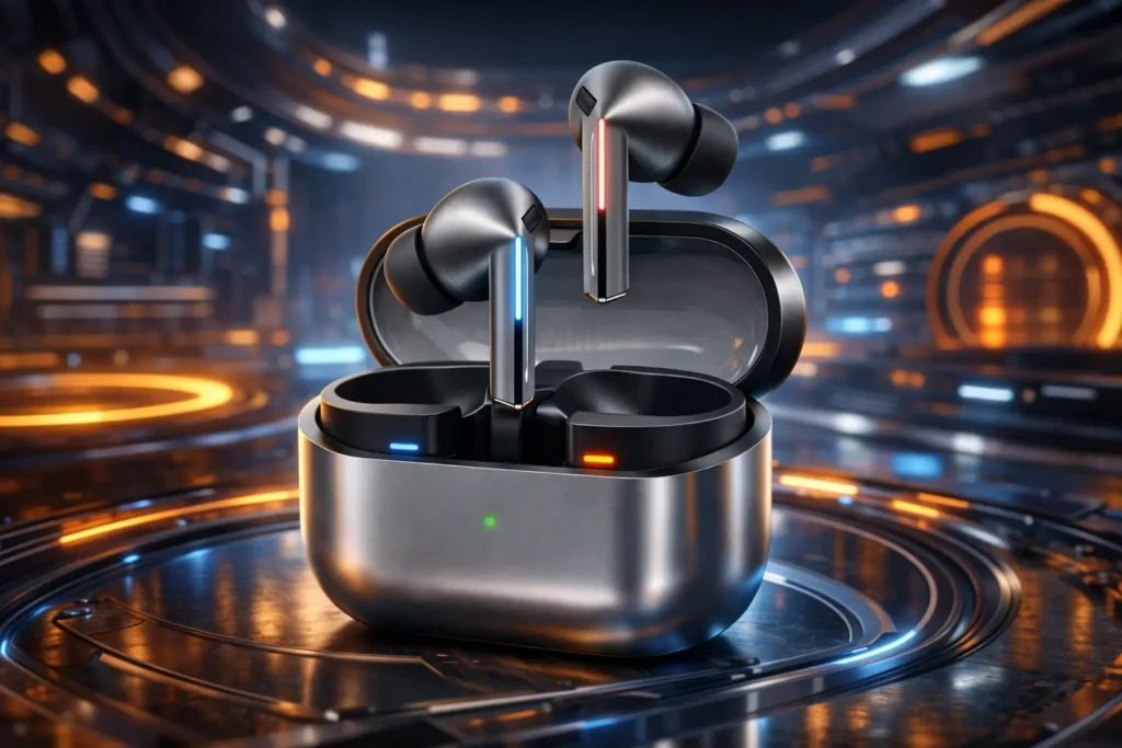 a pair of glossy gray wireless earbuds floating over the open case on futuristic background