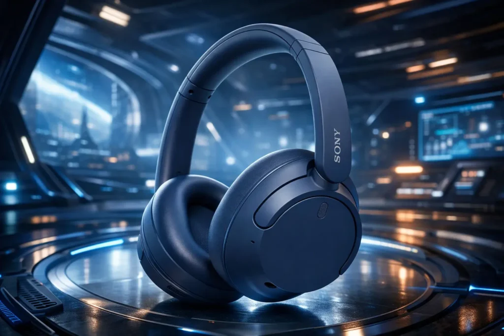 A pair of black plastic wireless headphones over the futuristic background