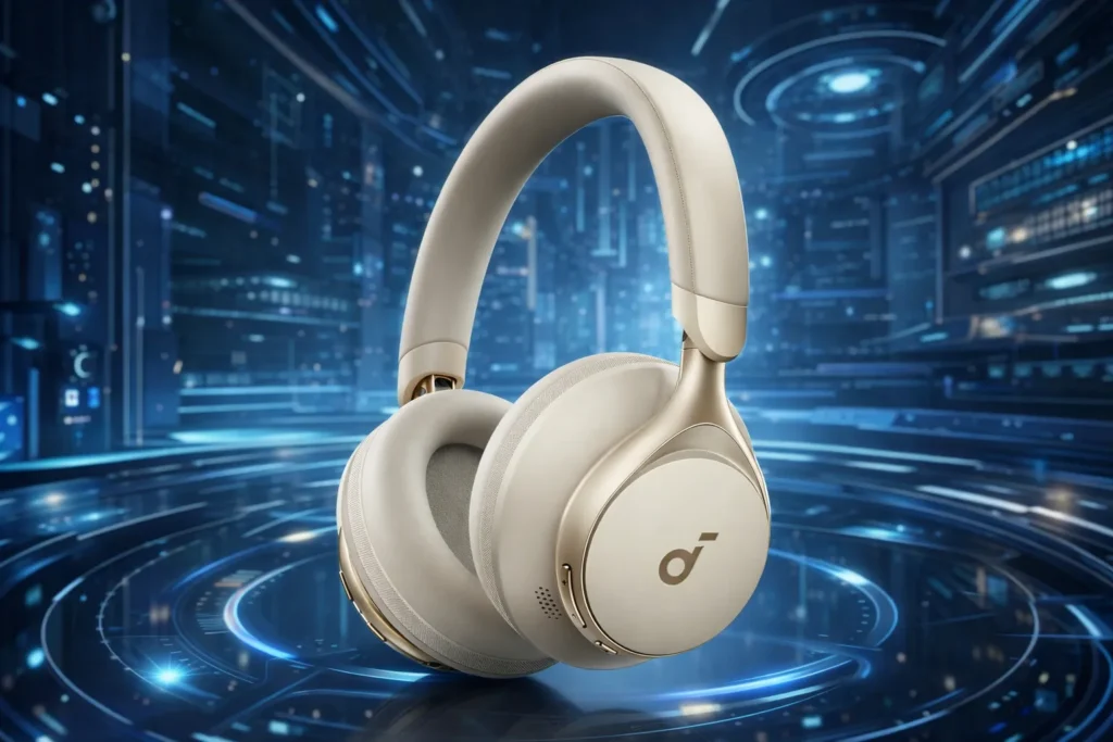 a pair of creamy white wireless headphones over the futuristic background