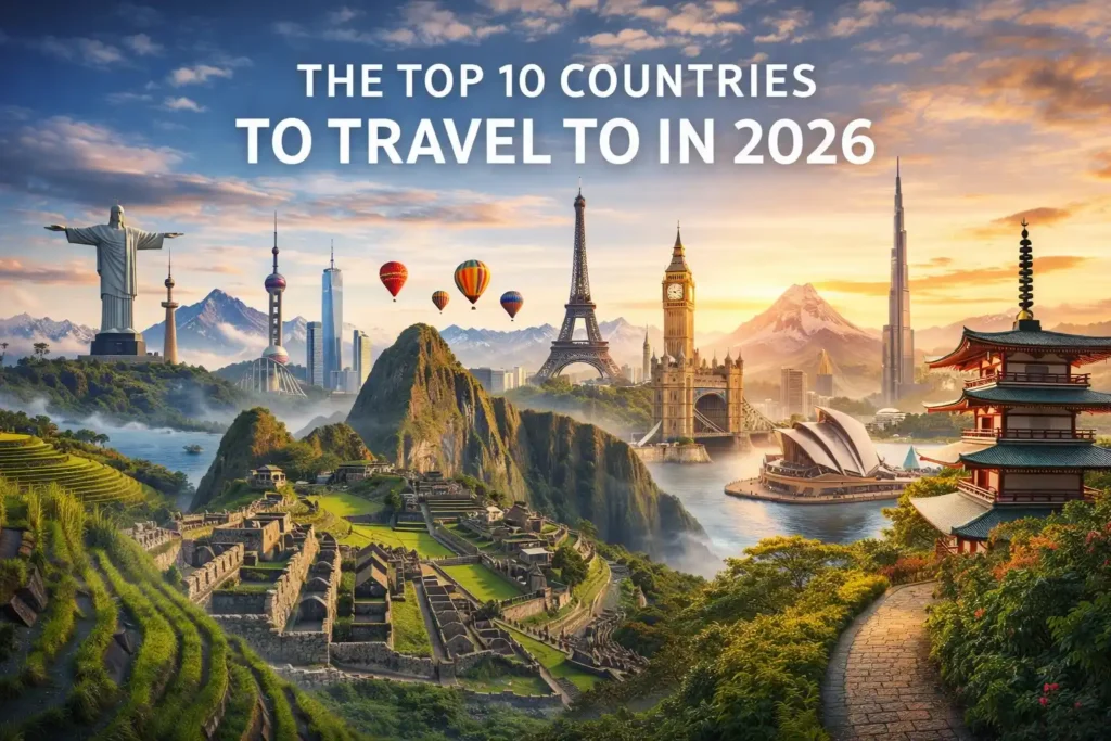 A wide, vibrant travel collage featuring iconic landmarks from around the world under the title “The Top 10 Countries to Travel to in 2026,” including Machu Picchu, the Eiffel Tower, Big Ben, Christ the Redeemer, a Japanese pagoda, modern city skylines, hot air balloons, mountains, rivers, and lush landscapes at sunrise.