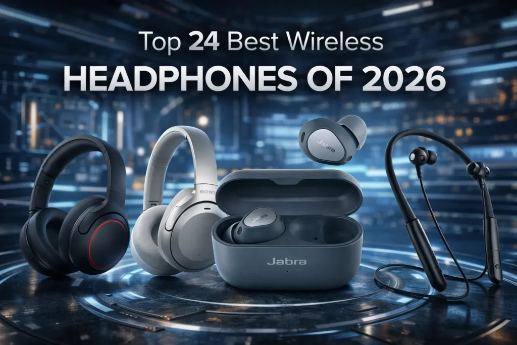 four sets of wireless headphones over futuristic background