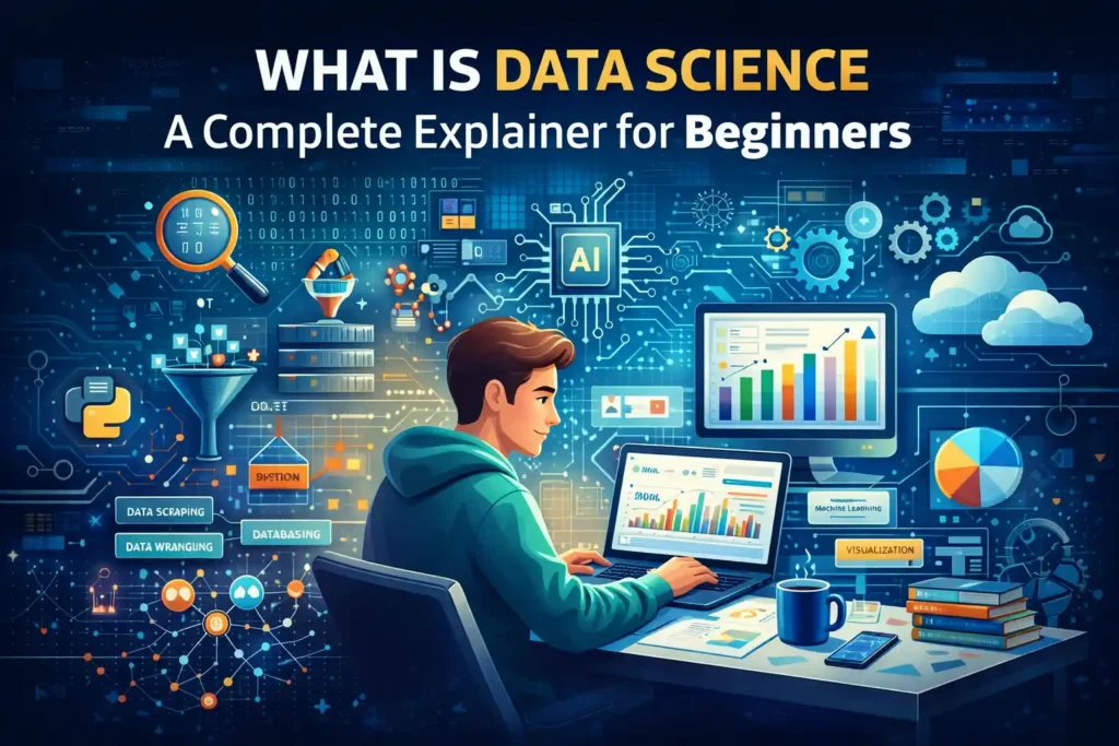 Illustrated educational cover showing a beginner learning data science at a desk with a laptop, surrounded by charts, graphs, AI and machine learning icons, data pipelines, cloud symbols, and coding visuals, under the title “What Is Data Science: A Complete Explainer for Beginners.”