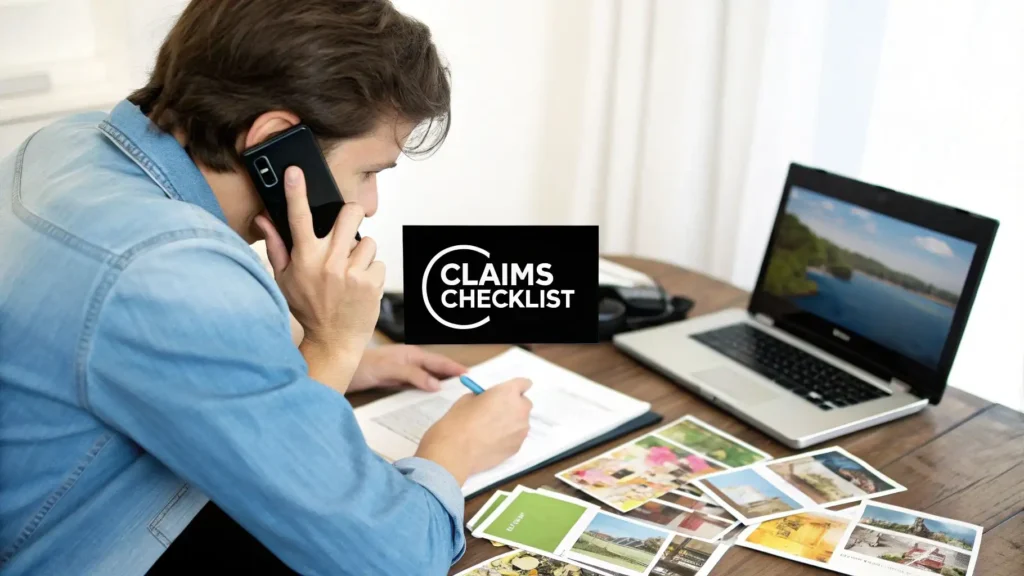 Traveler filing a travel insurance claim using a checklist, talking on the phone while reviewing documents and photos on a desk with a laptop, illustrating the insurance claims process.