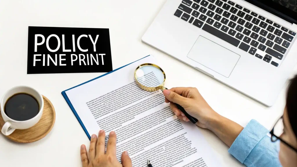Person reviewing insurance policy fine print with a magnifying glass on a desk, next to a laptop and coffee, illustrating travel insurance policy terms and coverage details.