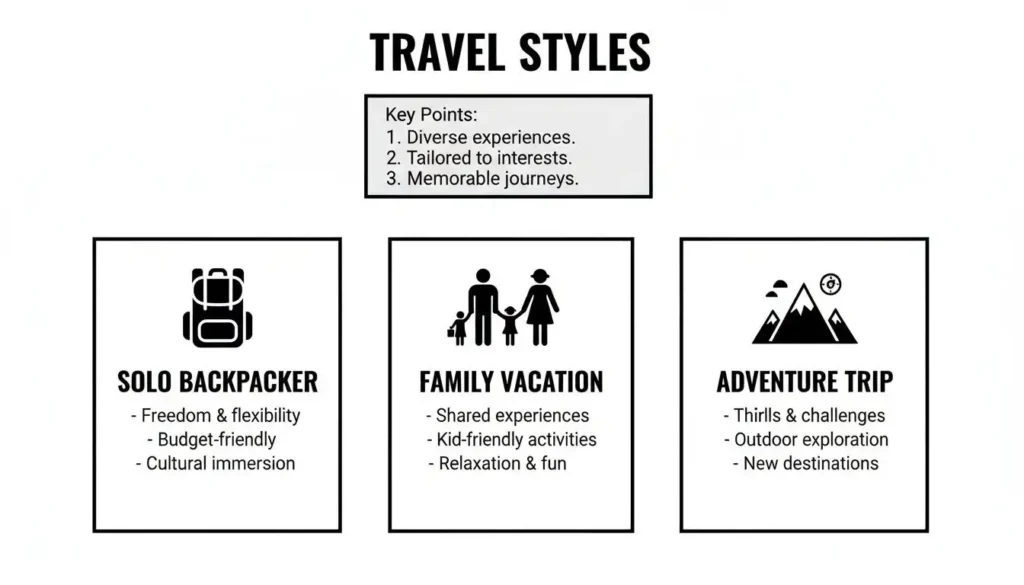 Travel styles infographic showing solo backpacker, family vacation, and adventure trip options, highlighting different travel experiences, interests, and trip planning choices.