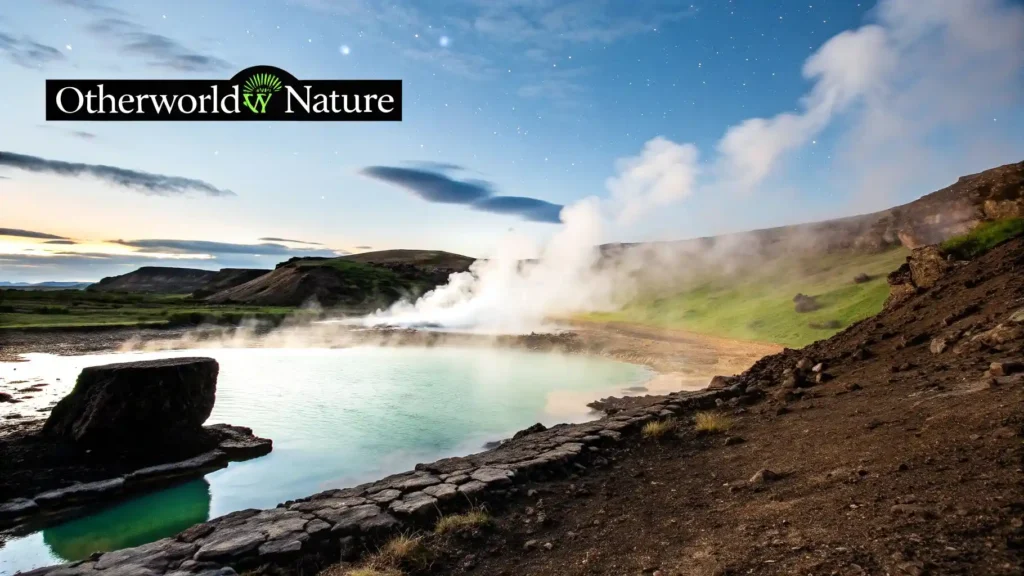 Steaming turquoise geothermal pool in a vast, wild landscape under a starry sky at dusk.