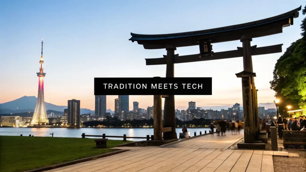 A traditional Japanese torii gate overlooks a modern, illuminated city skyline with a tall tower at dusk.