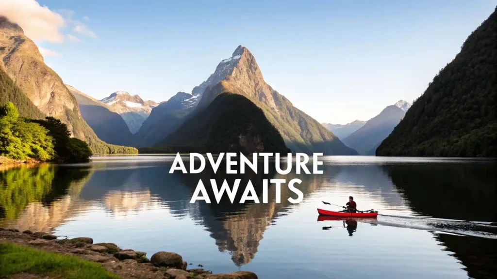 A lone kayaker paddles across a calm mountain lake with majestic peaks and text 