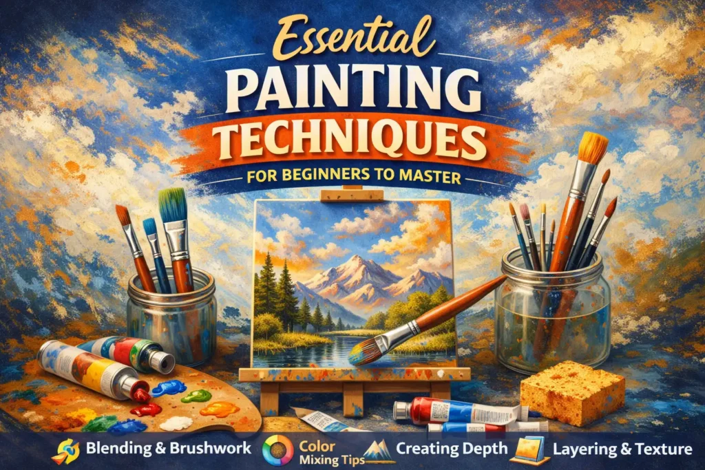 Illustrated cover image titled “Essential Painting Techniques for Beginners to Master,” featuring an easel with a landscape painting, paintbrushes in jars, a color palette with paint tubes, and textured brushstrokes in blue and orange, highlighting beginner painting techniques like blending, color mixing, depth, and layering.