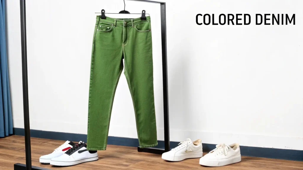 Green colored denim jeans hanging on a clothing rack with white sneakers on the floor below, against a minimalist backdrop, with the text ‘Colored Denim’ displayed.