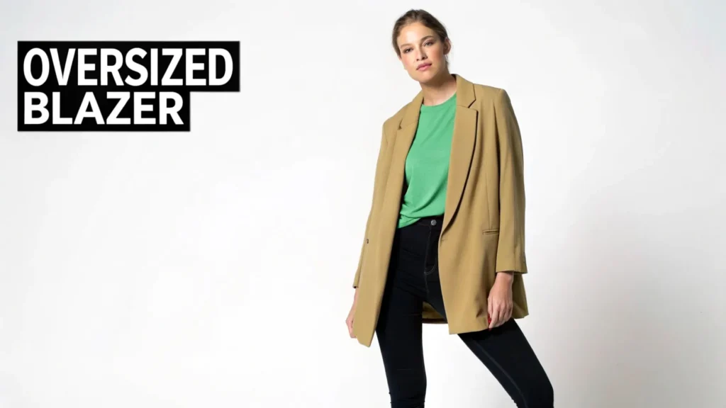 Woman wearing an oversized tan blazer over a green top and black pants, posing against a white background, with the text ‘Oversized Blazer’ displayed.