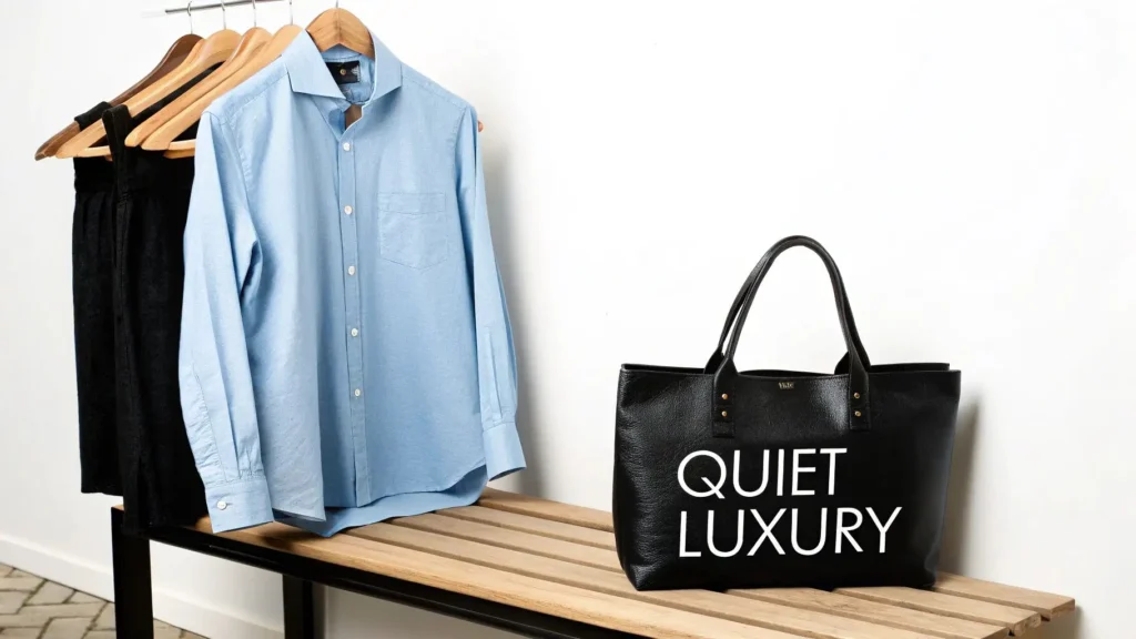 Minimalist clothing rack with a light blue button-down shirt and dark trousers beside a black leather tote bag labeled ‘Quiet Luxury,’ representing understated fashion style.