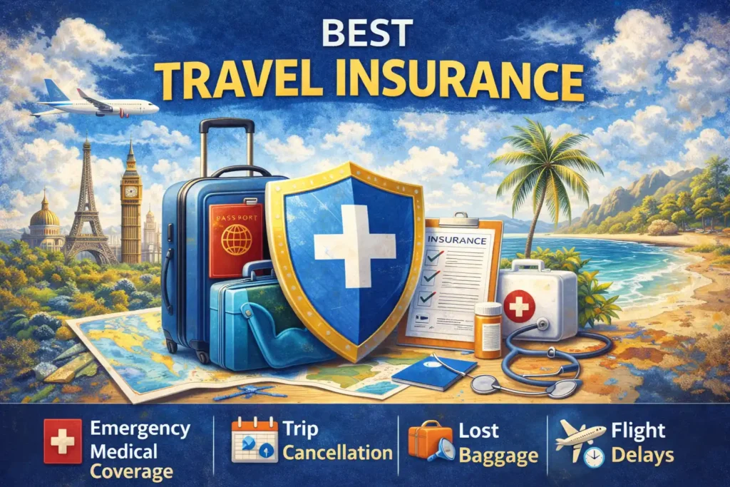 Finding the Best Travel Insurance for International Trips Best travel insurance illustration with suitcase, passport, medical shield, and travel coverage icons
