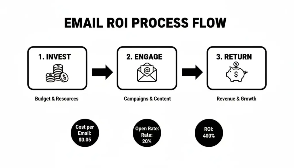 How to Build an Email List From Scratch Email ROI process flow diagram showing three steps: Invest (budget and resources), Engage (email campaigns and content), and Return (revenue and growth), with metrics including cost per email $0.05, open rate 20%, and ROI 400%
