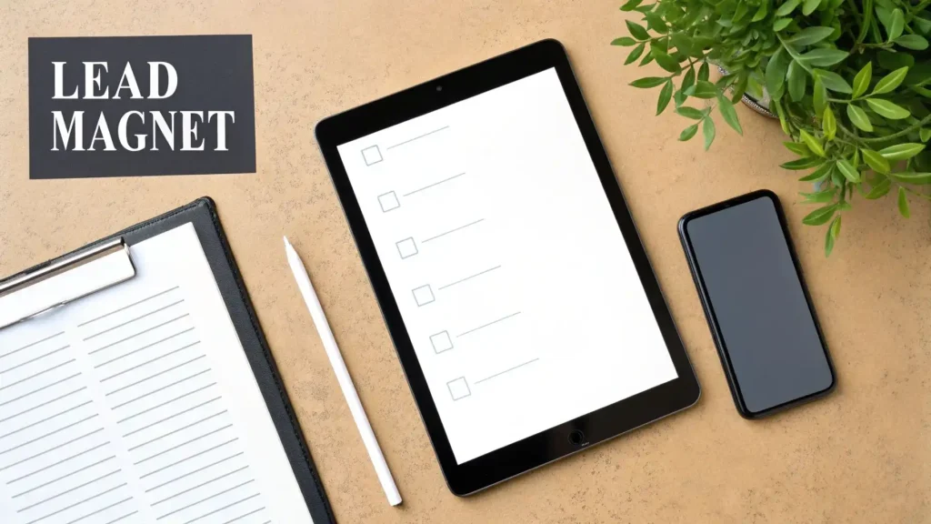 How to Build an Email List From Scratch Lead magnet concept image showing a tablet with a checklist form, a clipboard with notes, a smartphone, and a pen on a desk, with the text ‘Lead Magnet’ in the corner.