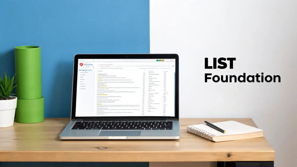 How to Build an Email List From Scratch Minimal workspace with a laptop displaying an email inbox on a wooden desk, next to a notebook and pen, with the text ‘List Foundation’ on a white background.