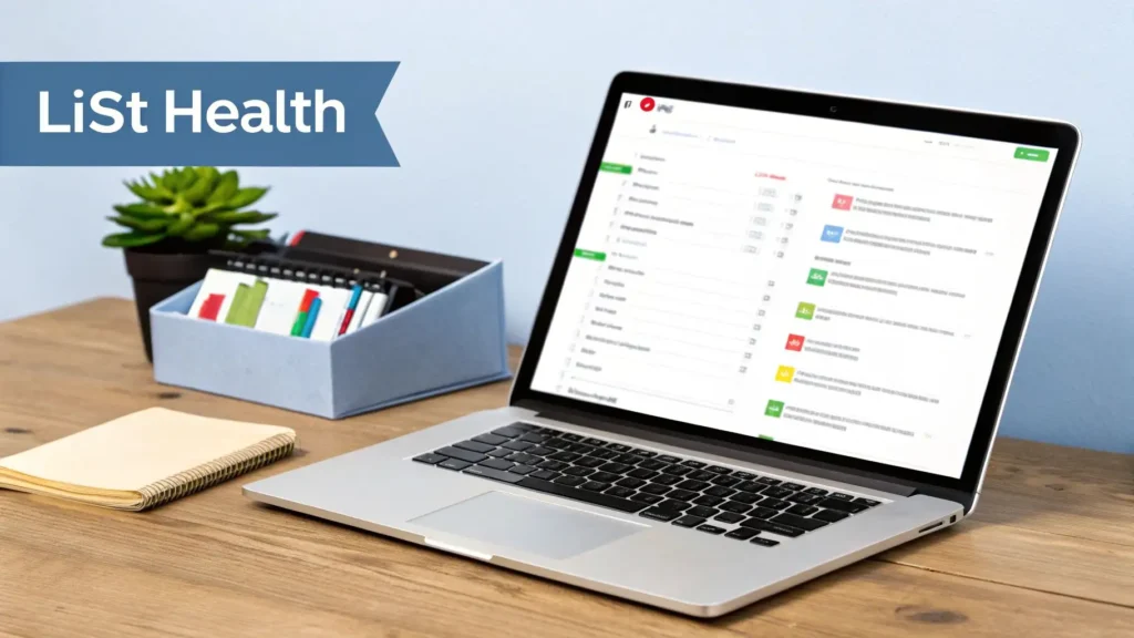 How to Build an Email List From Scratch Email list health concept showing a laptop with an email management dashboard on a desk, alongside a notebook, file organizer, and plant, with the text ‘List Health’ in a banner.