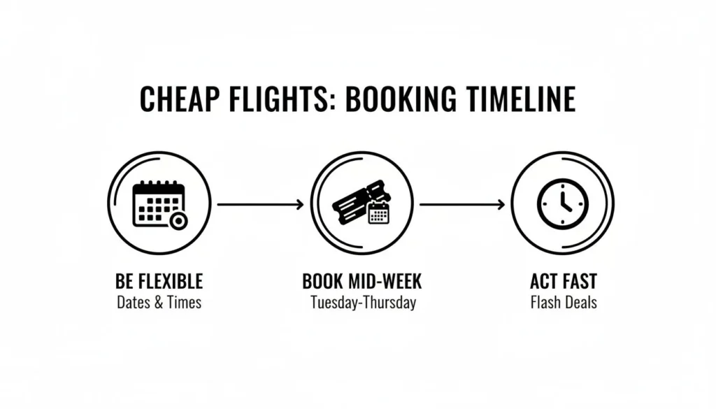 Infographic titled ‘Cheap Flights: Booking Timeline’ showing three steps: be flexible with dates and times, book mid-week Tuesday through Thursday, and act fast on flash deals, illustrated with calendar, ticket, and clock icons.