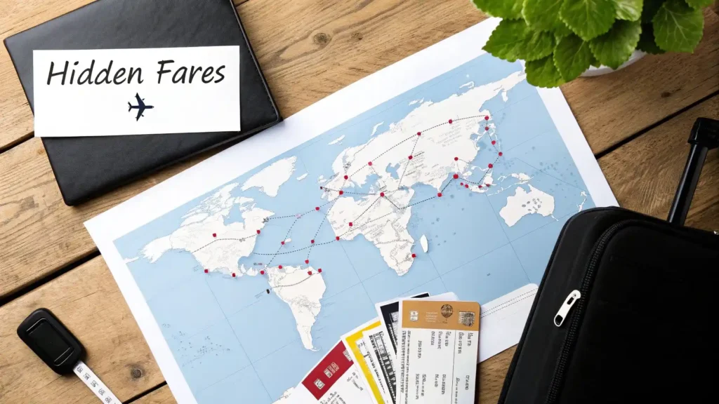Travel planning flat lay showing a world map with flight routes, boarding passes, a passport wallet labeled ‘Hidden Fares,’ and travel accessories on a wooden desk.