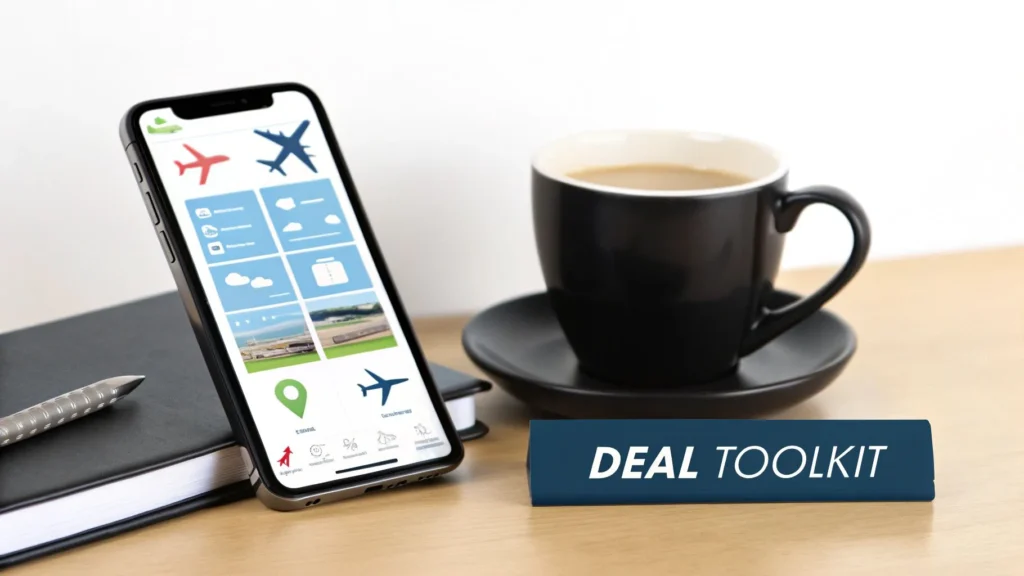 Smartphone displaying a flight search app on a desk beside a notebook, pen, and a cup of coffee, with the text ‘Deal Toolkit’ shown.