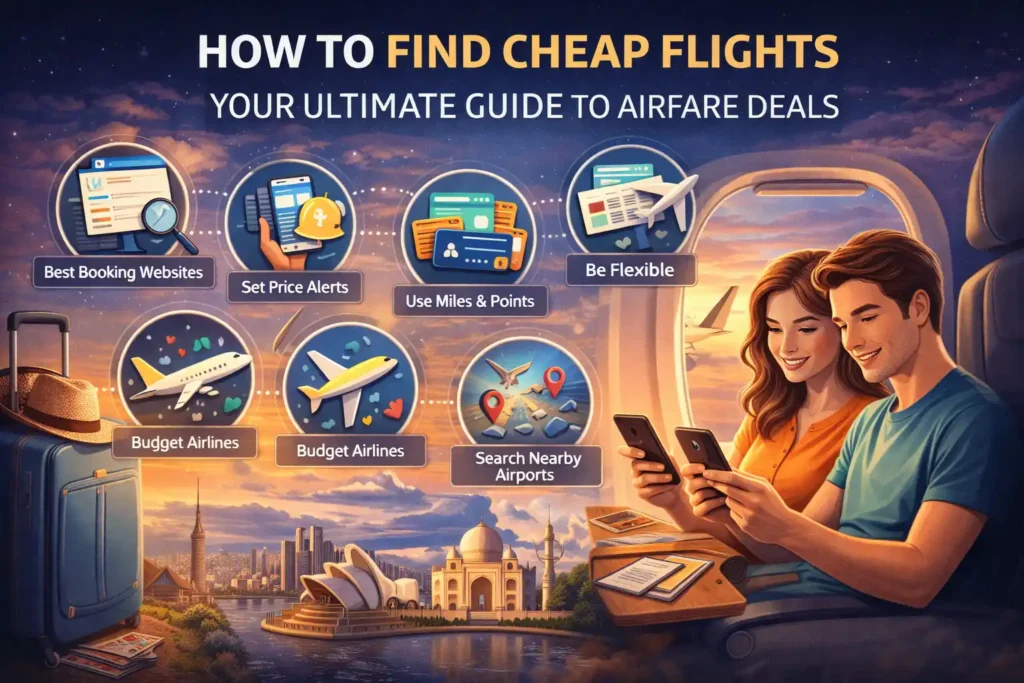 Illustrated travel guide cover showing a couple seated on an airplane using smartphones to search for flight deals, with icons highlighting tips like booking websites, price alerts, flexibility, budget airlines, miles and points, and nearby airports, titled “How to Find Cheap Flights: Your Ultimate Guide to Airfare Deals.