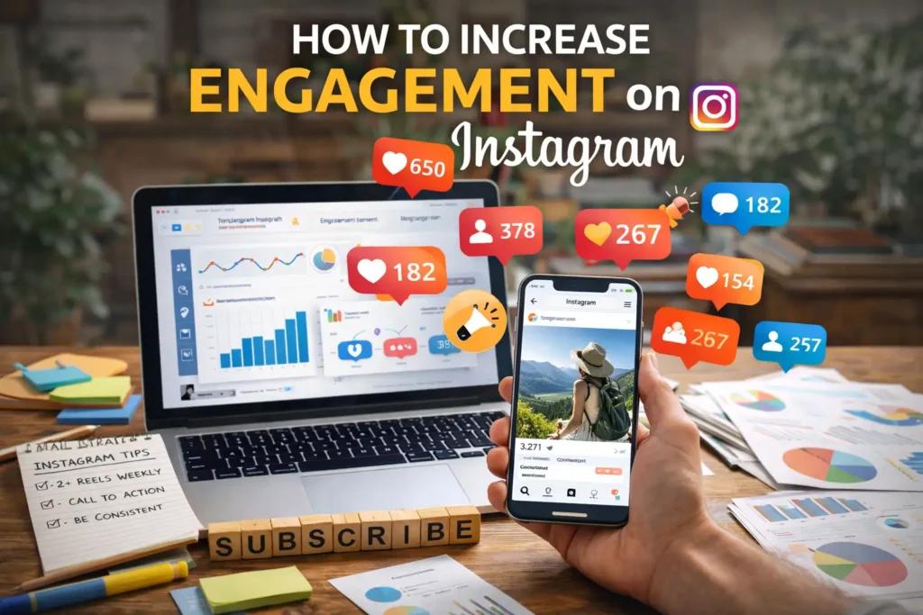 How to increase engagement on instagram: Proven tactics to boost your reach Realistic marketing workspace image titled “How to Increase Engagement on Instagram,” showing a hand holding a smartphone with an Instagram post, floating like, comment, and follower icons, a laptop displaying analytics charts, notes with Instagram tips, and printed graphs on a desk, representing social media growth and engagement strategies.