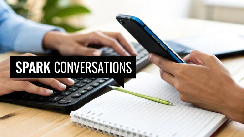 Spark conversations concept image showing hands typing on a keyboard and holding a smartphone over a notebook and pen, with the text ‘Spark Conversations’ in a speech bubble.