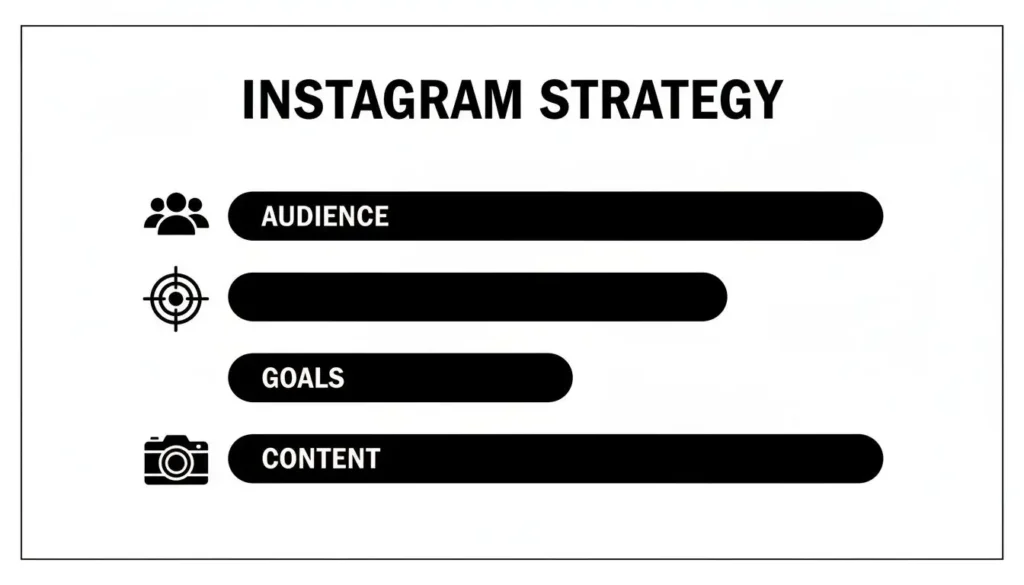 Instagram strategy infographic showing four sections: Audience, targeting, Goals, and Content, represented by icons and horizontal bars under the title ‘Instagram Strategy.’