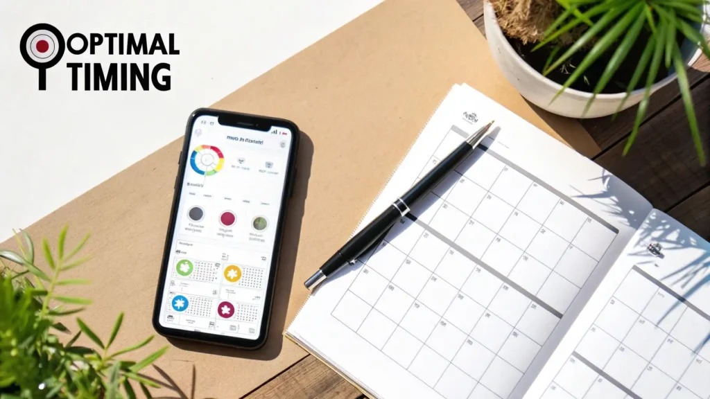 Optimal timing concept image showing a smartphone with an analytics app next to an open calendar planner and pen on a desk, surrounded by plants, with the text ‘Optimal Timing.