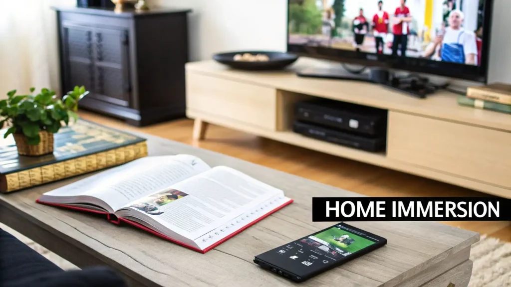 How to Learn a New Language and Actually Reach Fluency Home language immersion setup with an open book on a coffee table, smartphone language app, and TV playing foreign content, illustrating immersive learning at home.