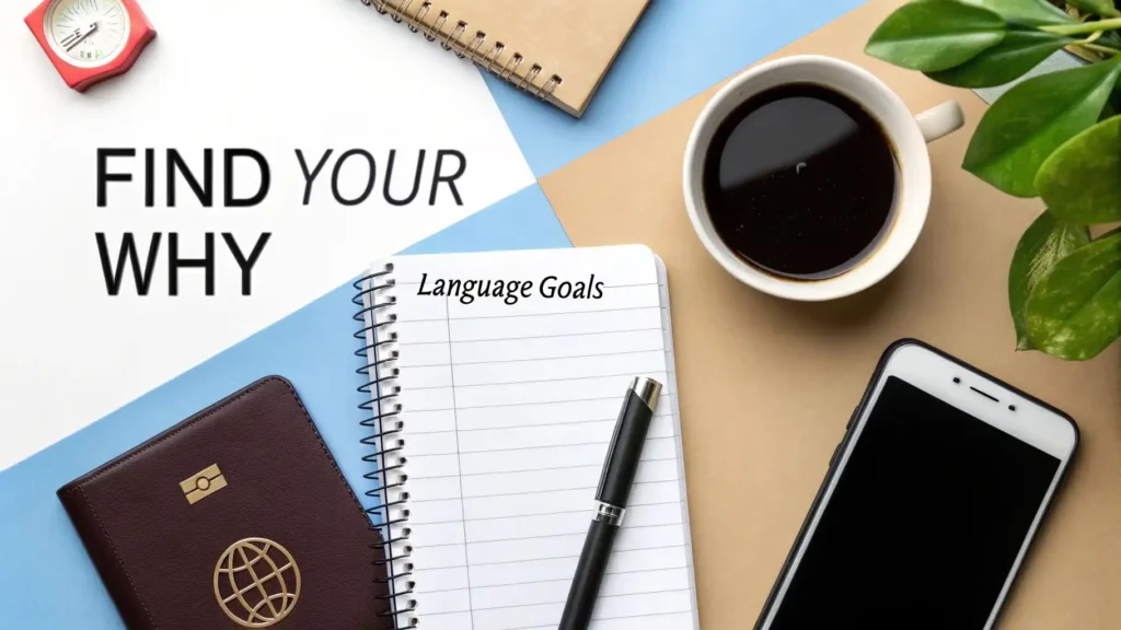 How to Learn a New Language and Actually Reach Fluency Workspace flat lay with notebook titled “Language Goals,” passport, smartphone, coffee cup, and “Find Your Why” text, representing motivation and goal setting for learning a new language.