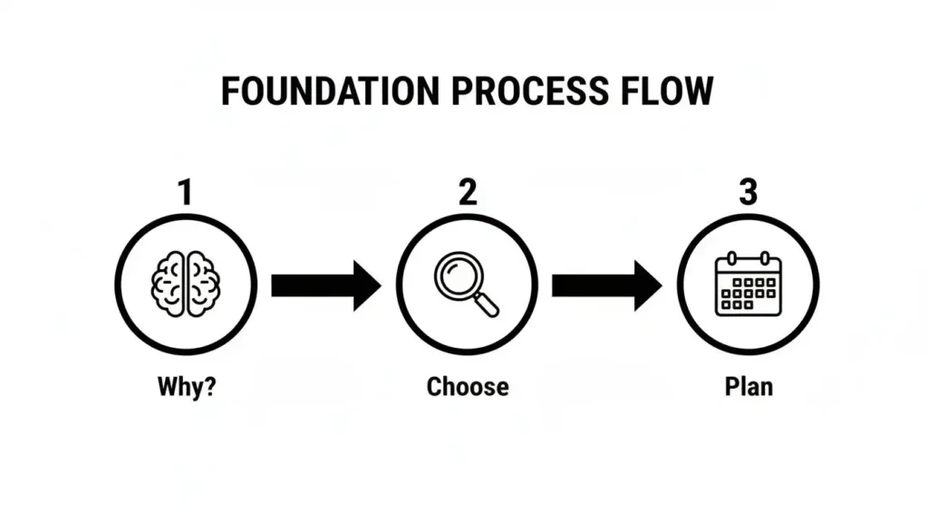 How to Learn a New Language and Actually Reach Fluency Foundation process flow diagram showing three steps—Why, Choose, and Plan—illustrating a structured approach to learning a new language and effective goal planning.
