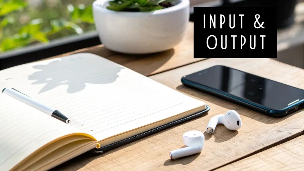 How to Learn a New Language and Actually Reach Fluency Language learning study setup with open notebook, pen, smartphone, wireless earbuds, and plant on a desk, labeled “Input & Output,” illustrating effective study habits for learning a new language.