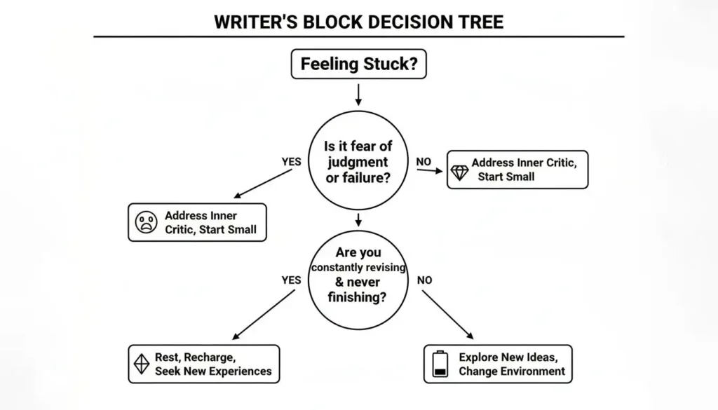 Writer’s block decision tree diagram showing steps to overcome creative blocks: feeling stuck leads to questions about fear of judgment or failure and constant revising, with suggested actions like addressing the inner critic, starting small, resting and recharging, seeking new experiences, exploring new ideas, and changing environment.