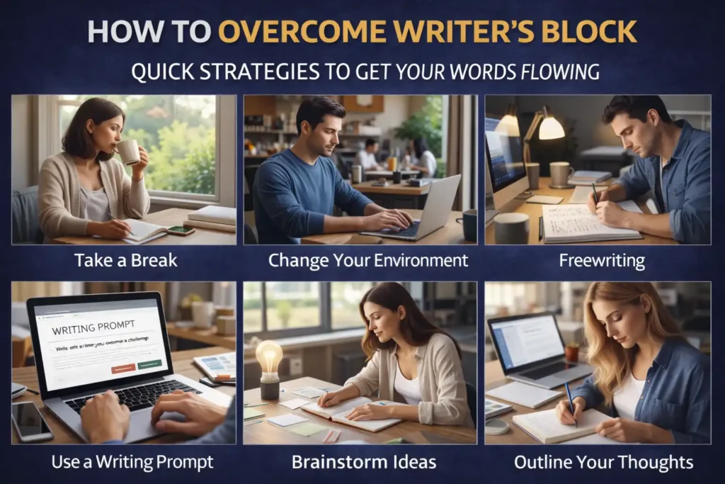 Realistic instructional collage titled “How to Overcome Writer’s Block,” showing writers using practical strategies such as taking a break with coffee, changing their work environment, freewriting by hand, using a writing prompt on a laptop, brainstorming ideas with notes and sticky cards, and outlining thoughts in a notebook at a desk.