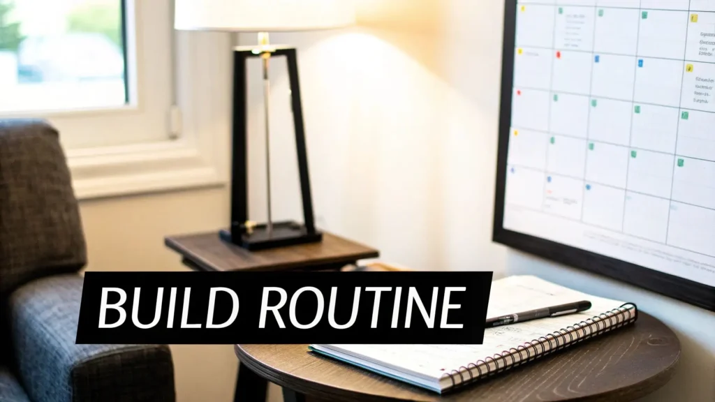 Cozy home workspace with a notebook, pen, desk lamp, and a wall calendar, featuring the words “Build Routine,” representing consistency, planning, and daily habits to overcome writer’s block.