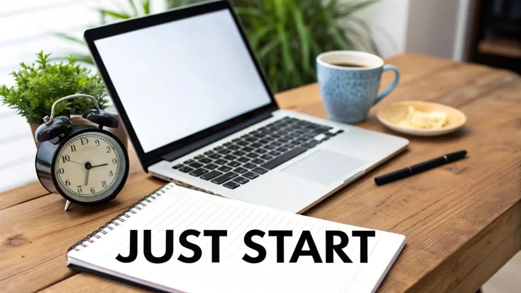 Minimalist writing workspace with a laptop, notebook displaying the words “Just Start,” alarm clock, coffee cup, and pen on a wooden desk, symbolizing motivation and overcoming writer’s block.