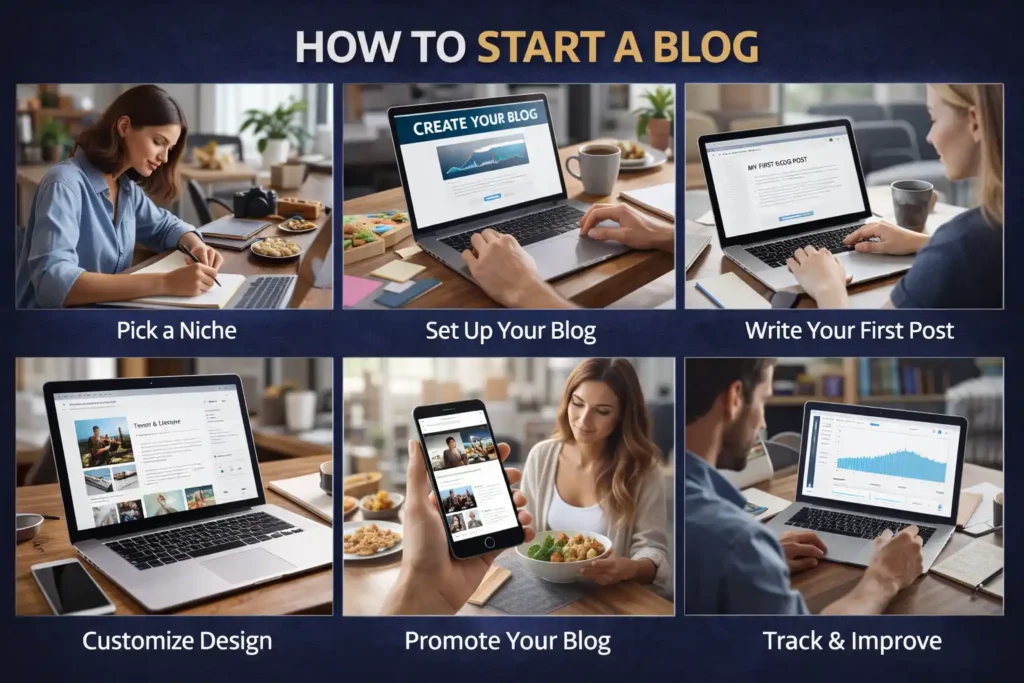 Realistic instructional collage titled “How to Start a Blog,” showing step-by-step scenes of a person choosing a niche, setting up a blog on a laptop, writing a first post, customizing the blog design, promoting content on mobile devices, and tracking performance with analytics on a computer screen.