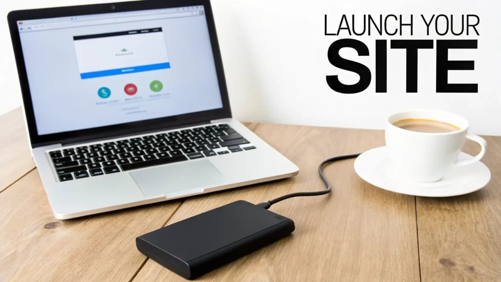 Laptop on a wooden desk with an external hard drive connected and a cup of coffee beside it, with the text “Launch Your Site,” representing publishing or launching a new website or blog.