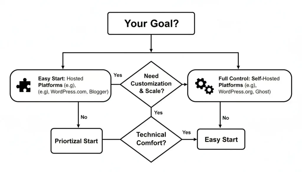 Decision flowchart for choosing a blogging platform, starting with “Your Goal?” and branching by need for customization, scale, and technical comfort, comparing easy-start hosted platforms like WordPress.com and Blogger with full-control self-hosted platforms such as WordPress.org and Ghost.