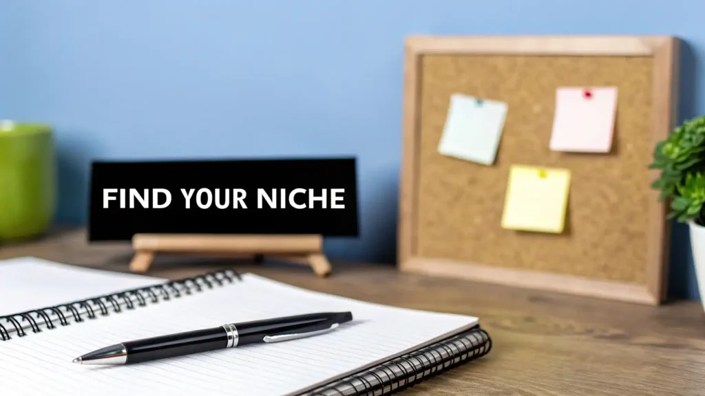 Desk workspace with an open notebook and pen in the foreground, a small sign reading “Find Your Niche,” and a cork board with pinned notes in the background, symbolizing brainstorming and choosing a blog niche.
