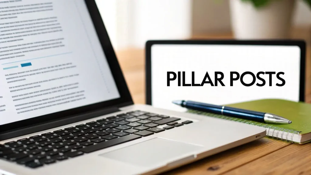 Laptop on a desk displaying written content, with a notebook and pen beside it and the text “Pillar Posts,” representing planning and creating core blog content or pillar articles.